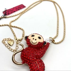 Betsey Johnson Red Pave Rhinestone Encrusted Monkey Pendant long Necklac…